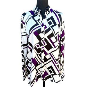 Lauren Ralph Lauren Womens Geometric Print Button-Up Blouse XL Office Old Money